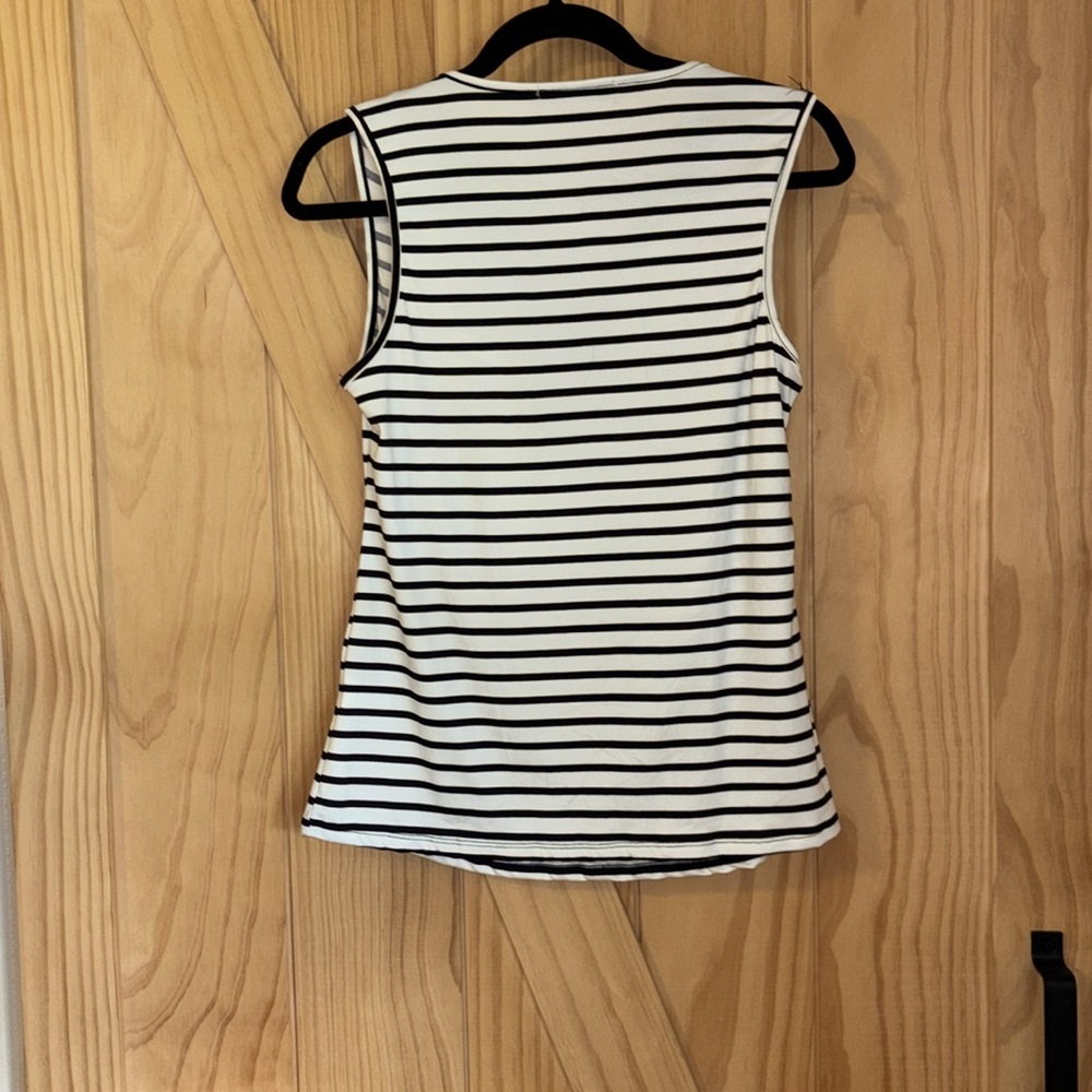 Wilde Medium Sleeveless Navy & White Stripes Fringe Statement Vee Neck - Picture 3 of 8